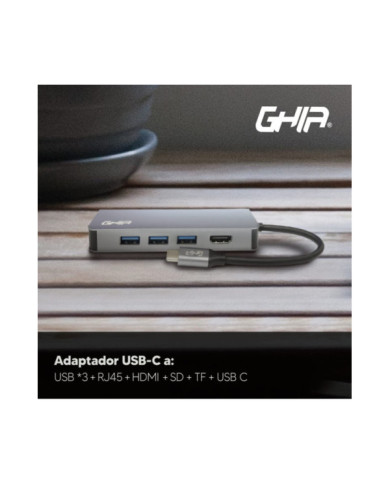 ADAPTADOR MULTIPUERTO 8 EN 1 GHIA USB 3.1 DE TIPO C A HDMI/RJ45/USB 3.1 3/MICRO SD/ MEMORIA SD / C PD
